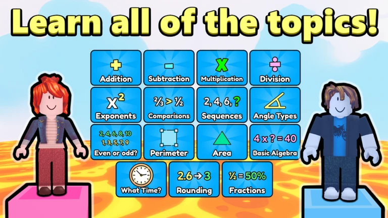 Math Tower Race's 15 topics: addition, subtraction, multiplication, division, exponents, comparisons, sequences, angle types, even or odd, perimeter, area, basic algebra, telling time, rounding and fractions.